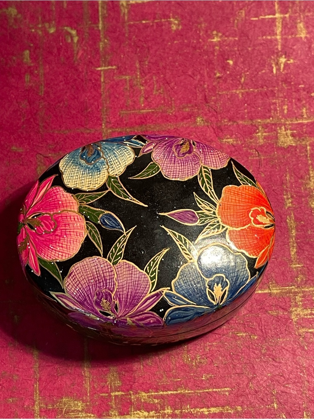 Hand-Painted Floral Lacquer Decorative Box - Black with Multicolor Flowers